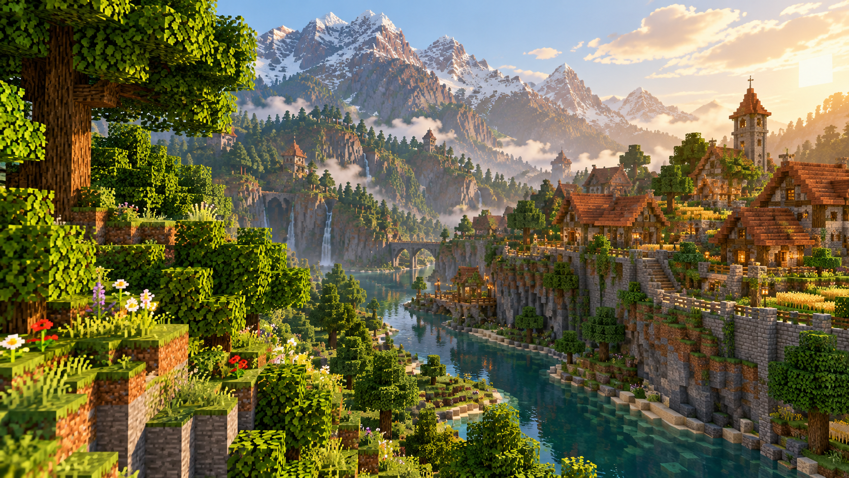 Blocklandschaft mit grünem Tal, Dorf und Bergen